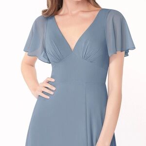 Azazie Dusty Blue V‑Neck Flutter Sleeve Wedding Dress